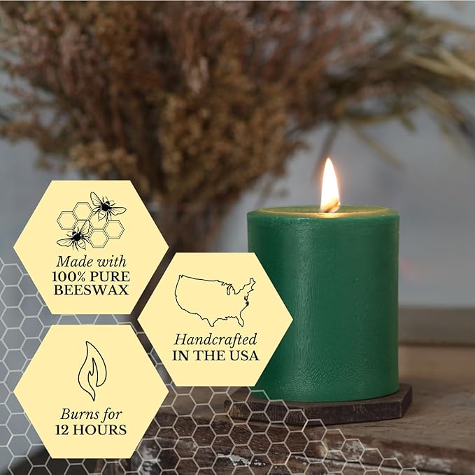 Big Dipper Wax Works Moss Green Pillar Candle, 60-Hour Long Burn, Pure Beeswax Candle, 3" x 3.5”