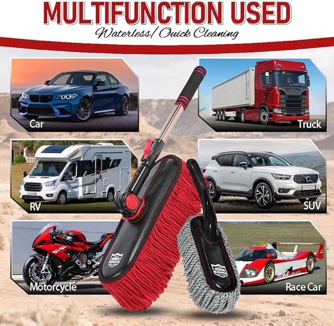 Car Duster with Telescopic Handle for Exterior Scratch-Free Cleaning, Auto Dust Remover Set with Small Brush for Dashboard & Interior Detailing