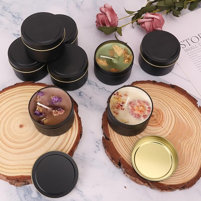 48 Pack Black Steel Round Candle Tins with Lids, 4 oz Capacity, Matte Black Finish for DIY Candle Making and Storage