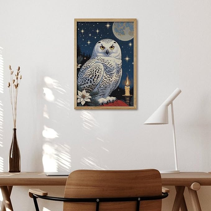 KIVJMSIDJA 5D Diamond Painting Kit for Snowy Owl & Candle Glow - Winter Night Scene Adults Full Drill Round Rhinestone Art Craft DIY Home Wall Decor 8"x12"