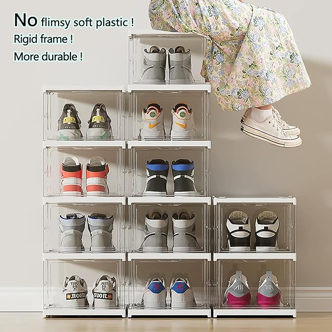 Shoe Storage Organizer Box 6-Tier Foldable Collapsible Stackable Shoe Rack Bins, Fit Size 12, No Assembly, for Men and Women (Transparent)