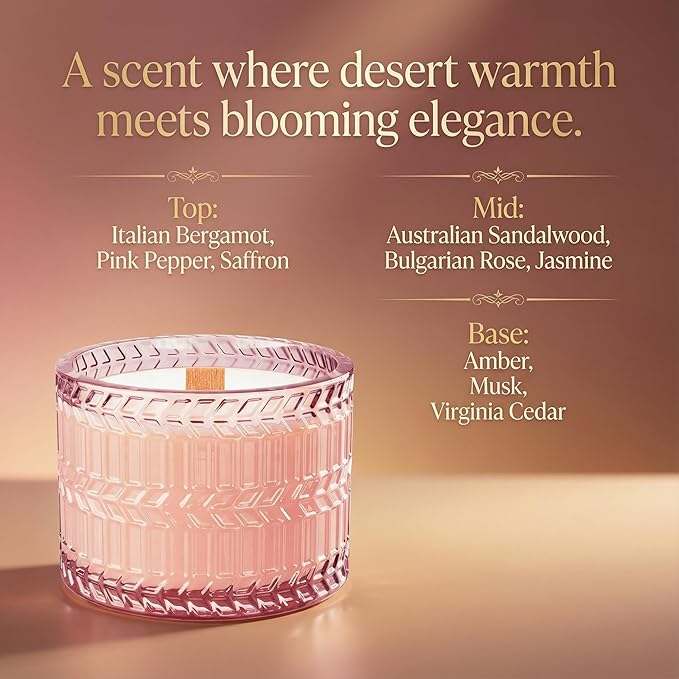 Hidden Label Sandalwood Rose Scented Candle with Crackling Wood Wick, 7.4oz Pink Soy Candle for Home Scented, 55H Clean Burn, Non-Toxic Aromatherapy Candle for Relaxation, Romance & Gifting