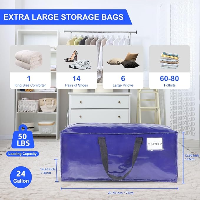 CHVEGLUZ 6 Packs Moving Bags Heavy Duty Extra Large,Storage Bags with Zipper&Handles, Sturdy&Durable Clothes Storage Bags Totes for College Dorm Essentials, Moving Boxes for College Supplies, Blue