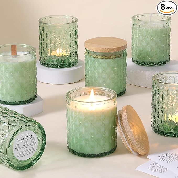 MATAHUM 8 Pack Green Candle Jars for Making Candles, 7 OZ Empty Glass Candle Making Jars with Bamboo Lids for Candle Making Supplies, Candle Containers Vessels for Home DIY Decoration