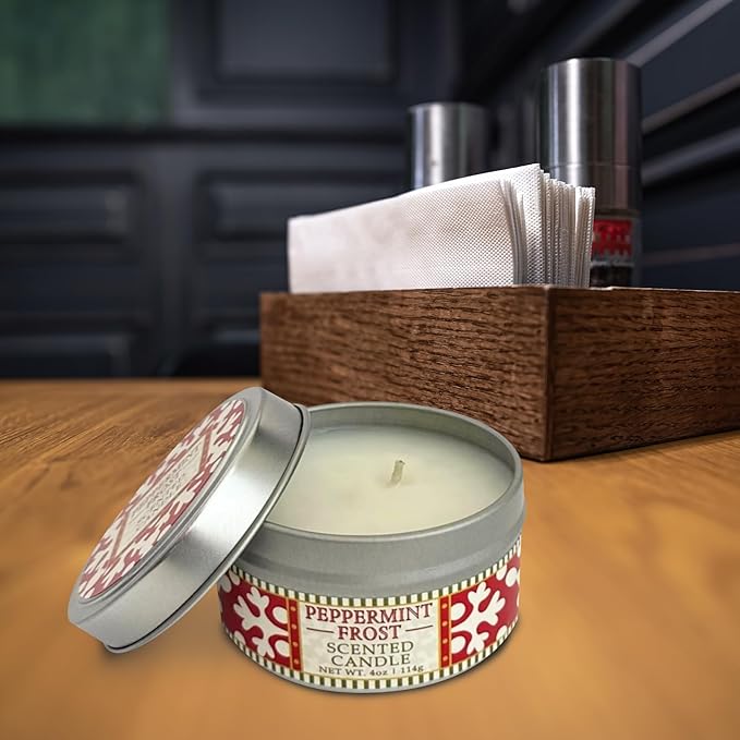 Greenwich Bay Hand-Poured Scented Candle in Decorative Tin – 4 oz/114 g Travel Candle with Lead-Free Wick, Vegetable Wax, Long-Burning Aromatherapy Gift, Single Wick – Made in USA (Peppermint Frost)