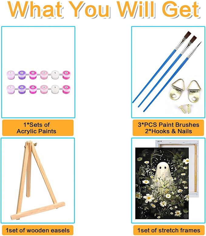 Meothan Framed Paint by Numbers Kits for Adults, Halloween Paint by Number for Adults Beginners, Paint by Numbers Kits on Canvas with Framed and Easel for Home Wall Decor 11.8x15.7inch (Ghost)