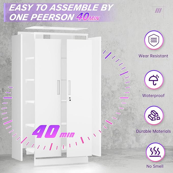 Superday Metal Storage Cabinets, 71" Steel Storage Cabinet with Lock, Tall White Cabinet with 2 Doors and 4 Adjustable Shelves for Garage, Home Office, Classroom, File, Easy Assemble