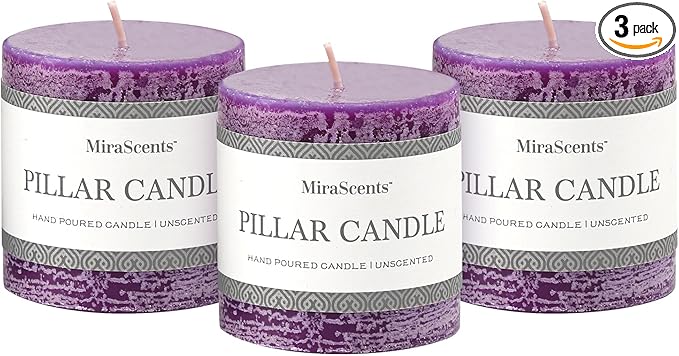 3x3 Inch Purple Pillar Candles Set of 3 - Hand-Poured Unscented Candles, Long Clean Burning, Large Big Candle, Smokeless Dripless Candle for Dinner Table, Wedding, Home, Bathroom, Rustic Decor