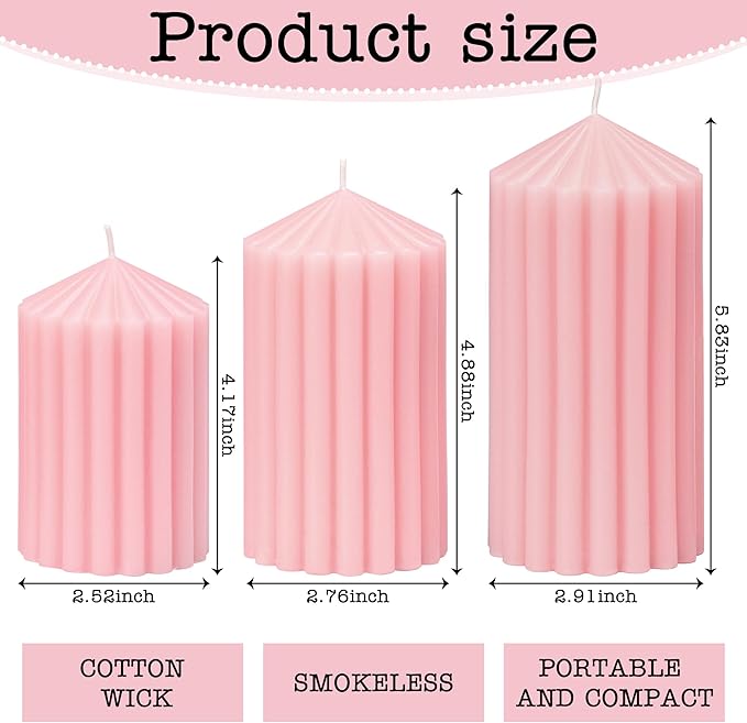 3 Pack Pink Ribbed Pillar Candles - Soy Wax Unscented Candles, 2.76x4.2/4.9/5.9 Inch Smokeless Non Toxic Cotton Wick, Perfect Spring Pillar Candles for Home Decor, Bathroom, Spa & Wedding
