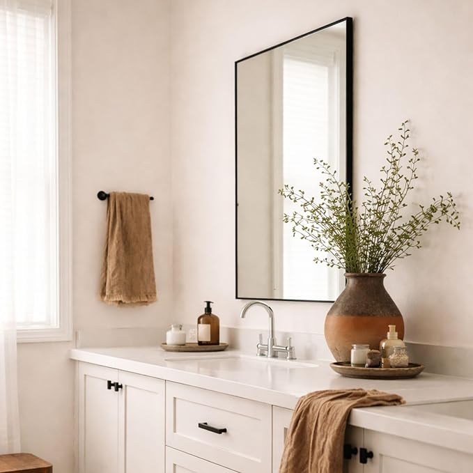 TEHOME Black Bathroom Vanity Mirror with Squared Corners, 24x32'' Matt Black Rectangle Stainless Steel Metal Framed Mirror for Bathroom
