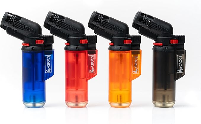 Crocs Torch Lighter, Refillable Butane Torch Lighters, Windproof Lighters with Butane Included for BBQ, Grill, Candles, Campfires, Cooking Torch Lighter with Safety Lock and Ready to Use - 4 Pack