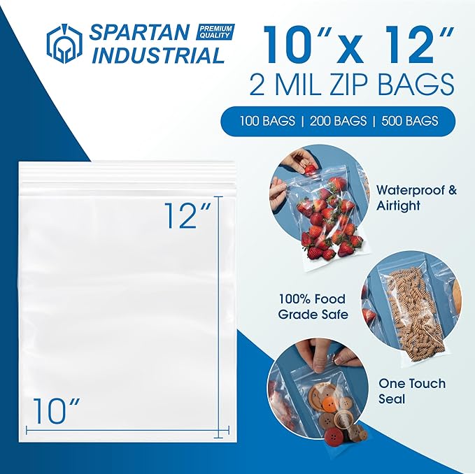 Spartan Industrial - 10” X 12” (200 Count) 2 Mil Clear Reclosable Zip Plastic Poly Bags with Resealable Lock Seal Zipper