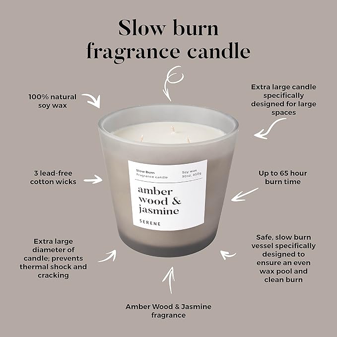 Hidden Label Amber Wood & Jasmine Scented Candle, Non Toxic 30oz Large 3-Wick Soy Wax Candle, Up to 100 Hours Slow Burn, Warm Floral Home Fragrance for Bedroom, Romance & Luxury Gift for Women