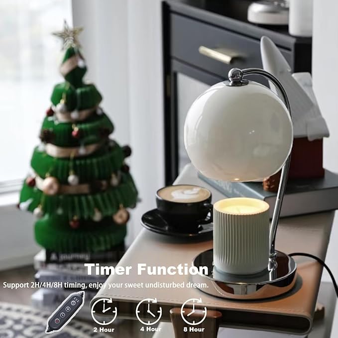 Modern Candle Warmer Lamp, Wide Base Candle Warming Lamp with Timer and Dimmer, Adjustable Wax Burner Light Top Down for Wax Melting, Home Art Decor (White)