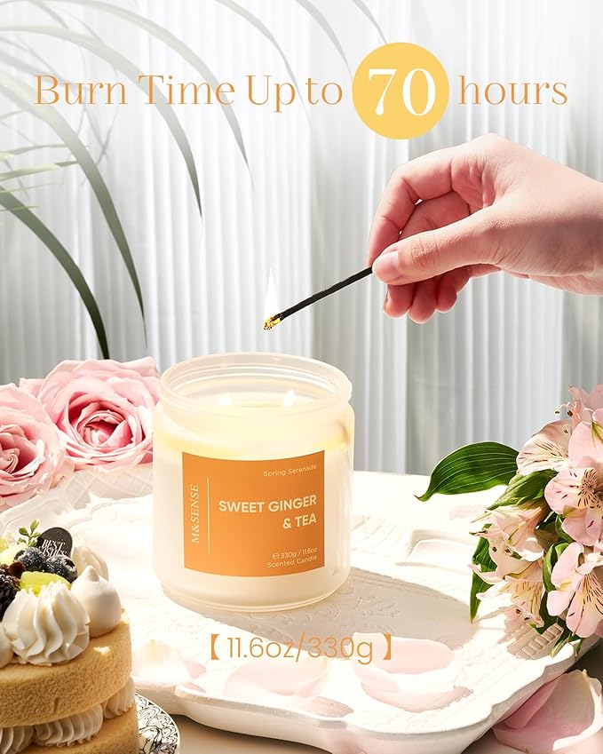 M&SENSE Sweet Ginger & Musky Scented Candle - 11.6oz Natural Soy Non Toxic Candle 70-Hour Burn Time, 2 Wick Aromatherapy Housewarming Gifts for Easter Home Decor & Women Men