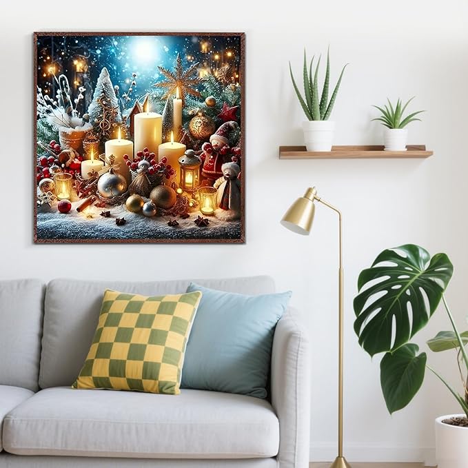 Christmas Candle Light Diamond Painting Kits for Adults, 5D Diamond Art Kits for Adults Beginners, DIY Full Round Drill Diamond Dot Painting Gem Art Kits for Adult, Home Wall Decor 13.8x13.8 Inch