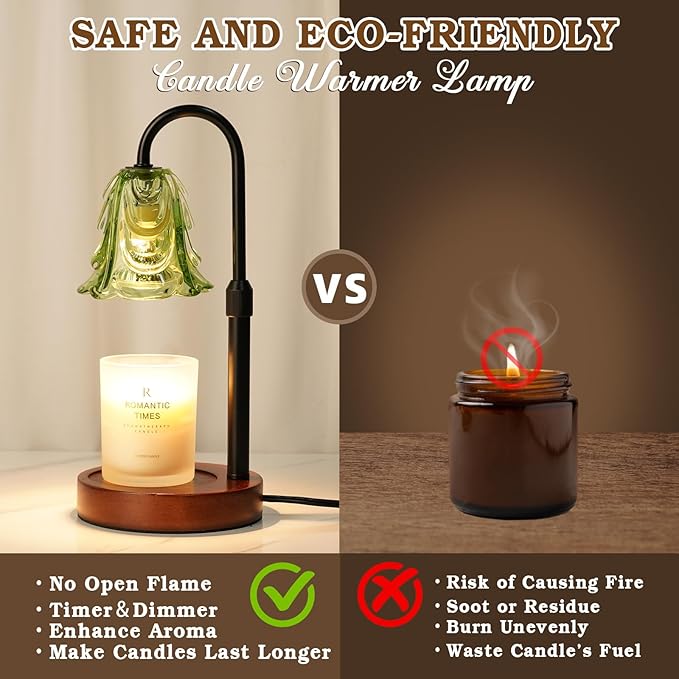 Small Candle Warmer Lamp with Timer, Adjustable Green Lamp Warmer for Jar Candles, Unique Women Gifts for Birthday, Dimmable Candle Heater, Anniversary Day Gifts, Cute Wax Warming Light with Wood Base