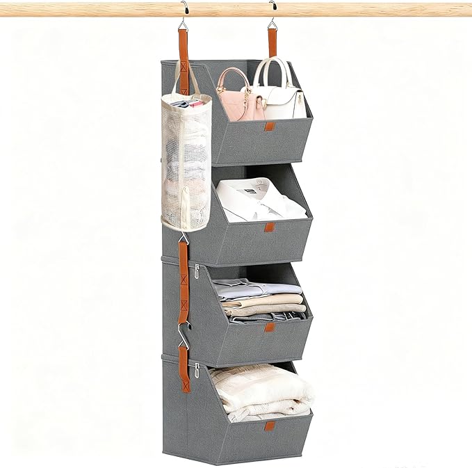 4 Tier Hanging Closet Organizer with Socks Storage Mesh Bag - Space Saving Storage Shelves for Closet, Wardrobe, Fabric Storage Bins for Dorm Rooms, Bedroom (Grey)