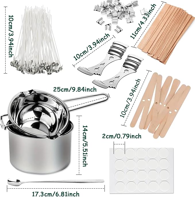 DIY Candle Making Supplies Kits for Adults Beginners, Including Double Boiler Pot, Candle Wicks, Wick Holder, Wick Stickers, Spoon