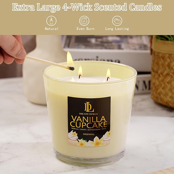 Large Candle Vanilla Cupcake Scented, 4 Wick Natural Soy Candles for Home Scented, 30oz Big Candle Long Lasting, Home Aromatherapy Candles Housewarming Gift for Women Men
