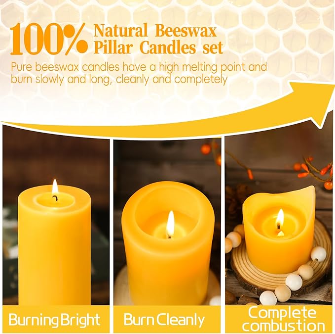 Beeswax Pillar Candles Set of 3,100% Pure Beeswax Candles, 87 Hour Burn Time Bees Wax Candles for Home, Prayer, Unscented, Dripless and Smokeless Organic Pillar Candles,2x2in,2x3in,1.89x4in