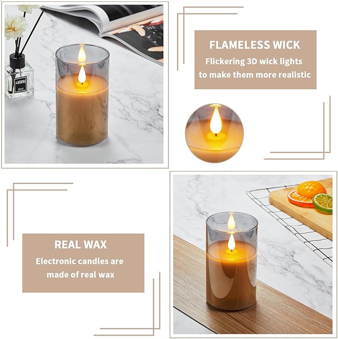 Flickering Flameless Candles, Rechargeable Battery Operated Candles with 3D Wick, Last 1000+ Hours LED Candle with Remote and Timer, Real Wax Candle, Grey Glass for Home, Christmas 3" x 4"