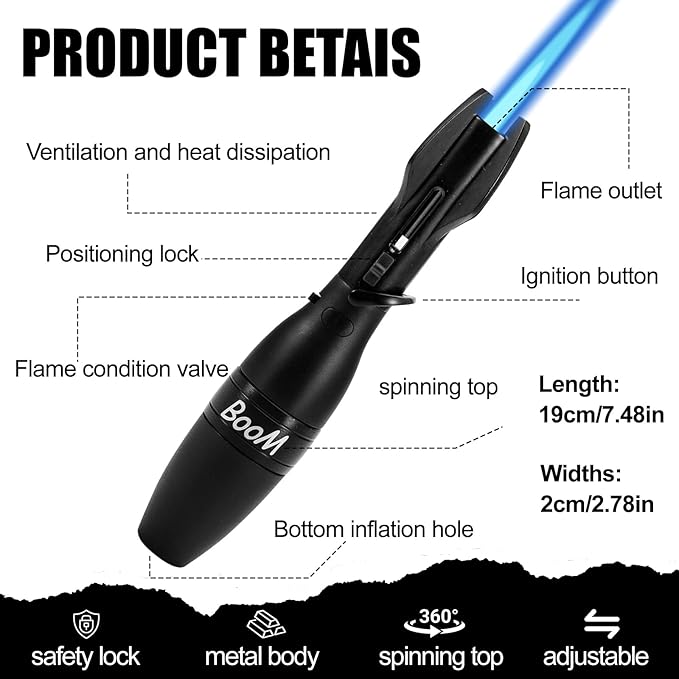 Torch Lighter Jet Flam Lighter Refillable Butane Windproof Adjustable Long Lighters for Candle Grill BBQ Camping Hiking Lighers (Gray)