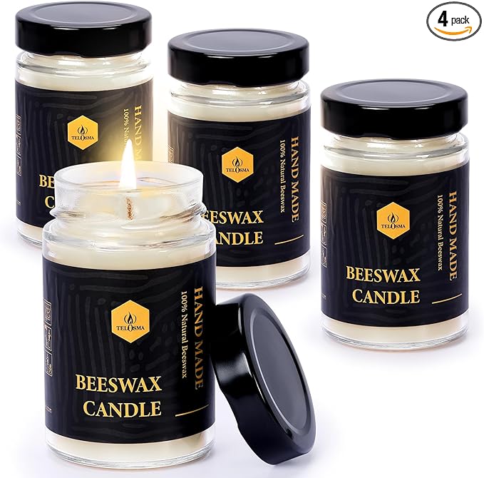 4 PCS Beeswax Jar Candles Emergency Candles Natural Beeswax Candles Unscented 1 Day Candle, Organic, Smokeless - Off White