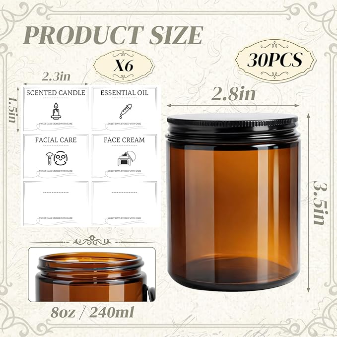 30 Pack 8 oz Candle Jars with Lids, Amber Glass Candle Containers with Black Metal Lids, Empty Round Glass Jars with 36 Custom Labels for Candles, Creams, Essential Oils & Clay Masks