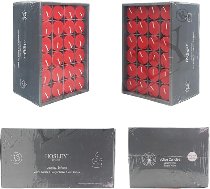 Hosley Set of 72 Unscented Red Votive Candles – Bulk Pack, Clean-Burning, Long-Lasting 10-12 Hour Burn Time – Ideal for Weddings, Home Décor, Spa, and Events