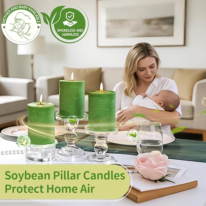 6 Pack Moss Green Soy Pillar Candles,Natural Soybean Pillar Candles,330 H Long Lasting Burning-Unscented,Dripless and Smokeless Rustic Hand-Poured Candles Dinner Table,for Wedding,2.8x4in