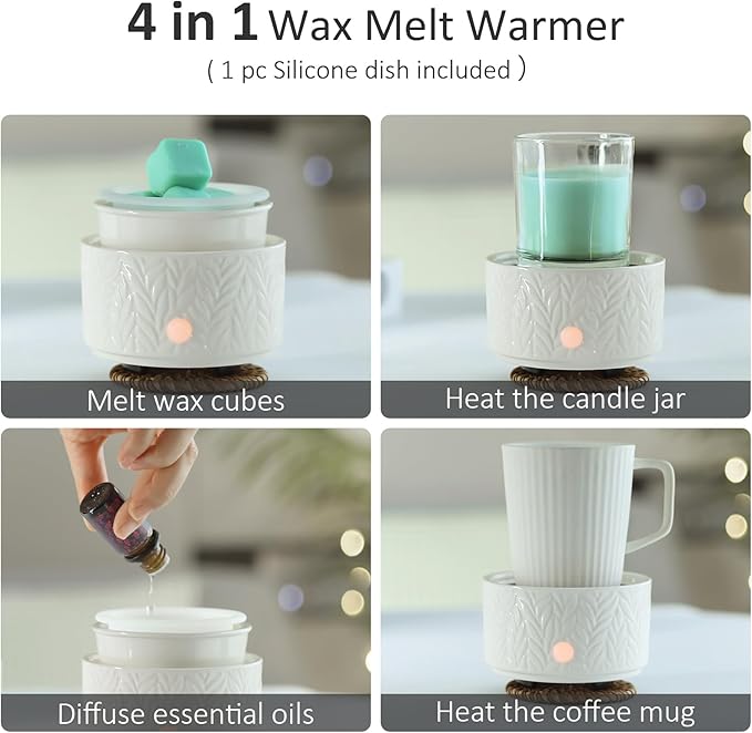 EQUSUPRO Wax Melt Warmer for Scented Wax - with 1 pc Silicone Dish Candle Wax Warmer Ceramic 3-in-1 Electric Wax Burner Fragrance Wax Melter for Home Office Bedroom Gift & Decor
