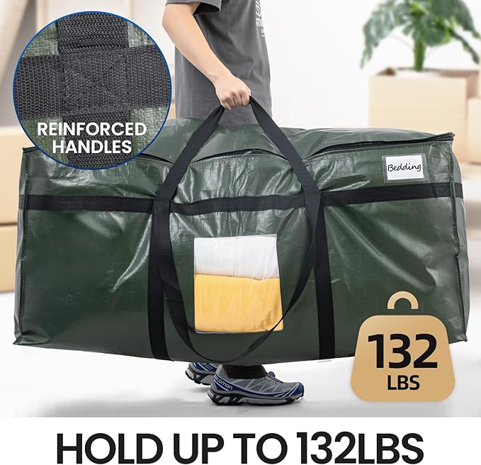 TAILI 69 Gallon Extra Large Storage Bags, XXL Green Heavy Duty Moving Bags For Storage with Visible Window, Wrap Around Handles, Totes for Space Saving, Alternative to Moving Boxes