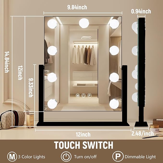 Ratsamee Black Hollywood Vanity Mirror with Lights, 9 Dimmable Bulbs, 3 Color Lights,Make Up Lighted Mirror, 10x Magnification 360°Rotation(12" x 14")