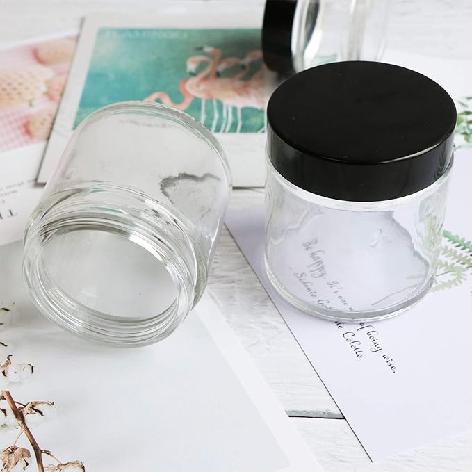 Encheng 12Pack of 4 oz Clear Round Glass Jars, with Inner Liners and black Lids,Empty Cosmetic Containers,Cream jars