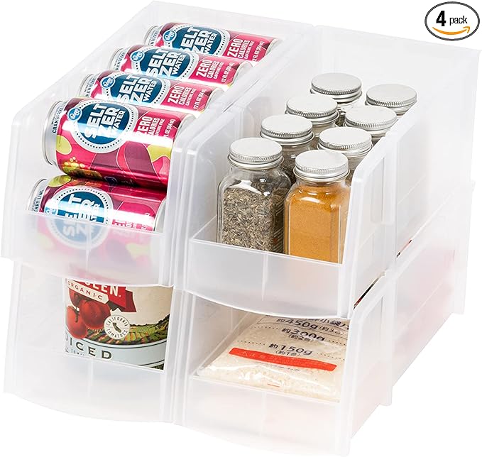 IRIS USA Clear Plastic Stackable Storage Bins, Large- 4 Pack, Open Front Fridge Pantry Kitchen Closet Cabinet Bathroom Organizer Basket for Organizing Snack, Cans, Office Supplies, and Coffee Pods