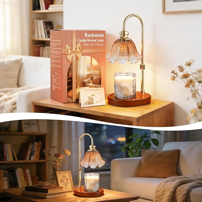 Candle Warmer Lamp with Timer: Birthday Gifts for Women, House Warming Gifts New Home Decor – Height Adjustable Candle Lamp for Mom, Anniversary - Walnut Solid Wood Base, with 2 Bulbs