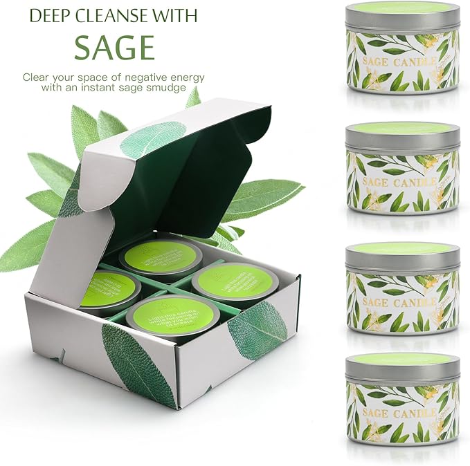 4 Pack Sage Candles, White Sage Candle with Crystal Healing Stones for Cleansing House Negative Energy Smudge Kit, Natural Soy Wax Aromatherapy Candles Gift Set Spiritual Meditation Housewarming Gifts