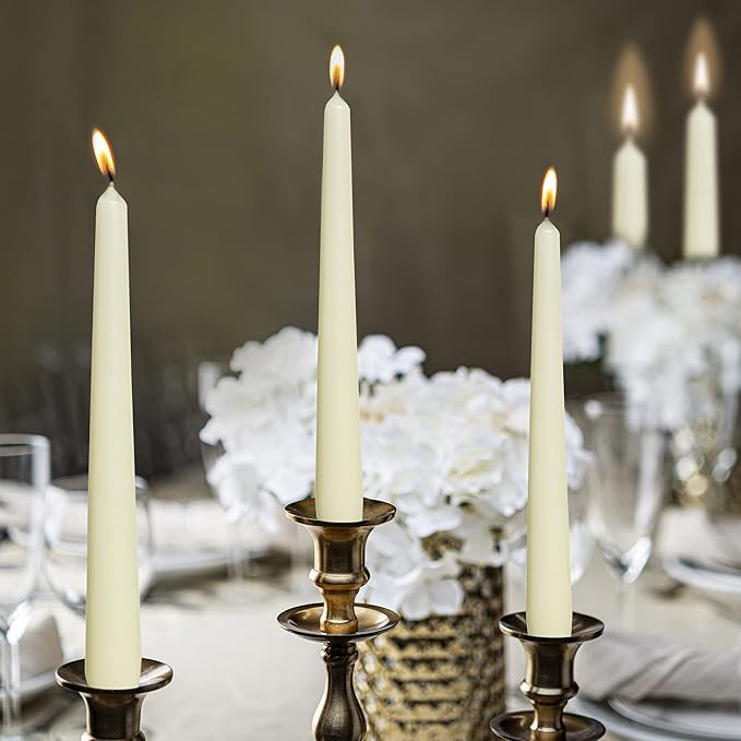 BOLSIUS 60 Count Household Ivory Taper Candles - 10 Inches - Premium European Quality - 8 Hours Burn Time - Unscented Dripless and Smokeless Home Decor, Restaurant, Wedding, and Party Candlesticks