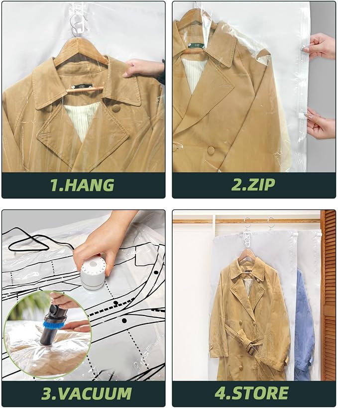 Colemoly Hanging Vacuum Storage Bags for Clothes Coats 6 Pack 49x27.6 Inches Space Saver Hanging Storage Vacuum Sealed Reusable Compressed for Suits, Dress, Jackets