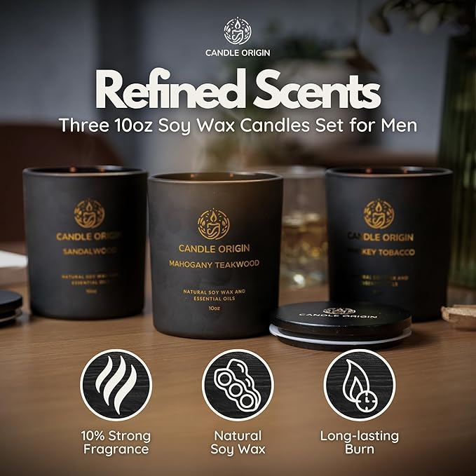Mens Luxury Candles Gift Set – 3×10oz Masculine Scented Soy Wax Aromatherapy Candles – Sandalwood, Whiskey Tobacco, Mahogany Teakwood – Long Lasting, Non Toxic, Home, Office, Man Cave Decor