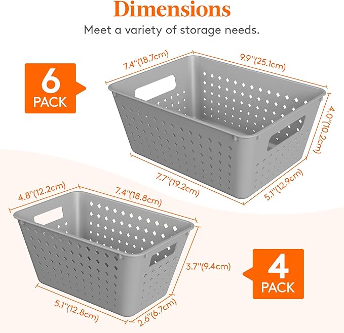 Lifewit Plastic Storage Basket for Organizing, 10 Pack Stackable Open Containers, Multi Size Storage Bins for Shelving, Pantry, Office and Cabinet, 6 Large and 4 Small Size, Gray