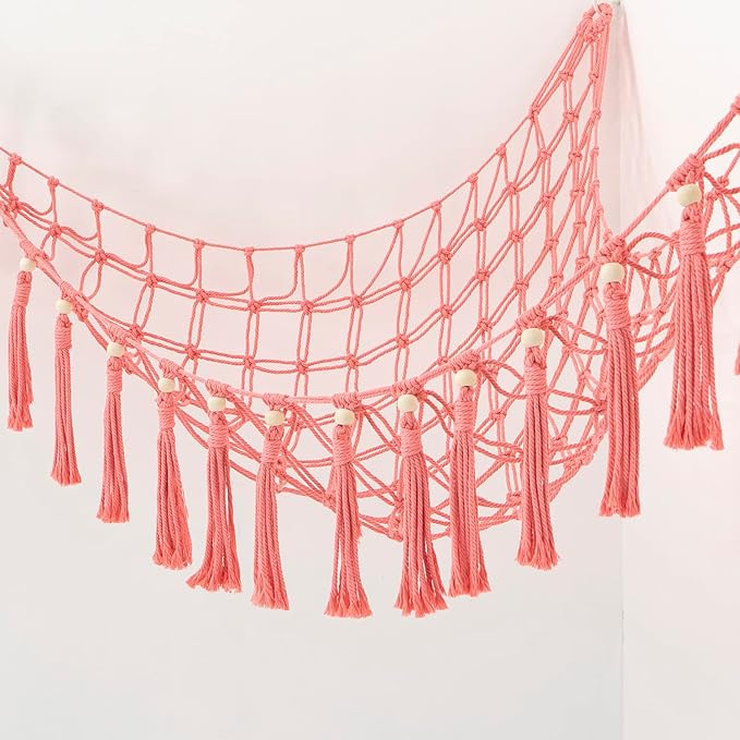 MAKEONEWO Stuffed Animal Toy Hammock Hanging-Handmade Large Pink Macrame Organizer Display Corner Plush Toys Net Holder for Boho Girl Nursery Playroom Bedroom Kids Room Storage, 1 Pack