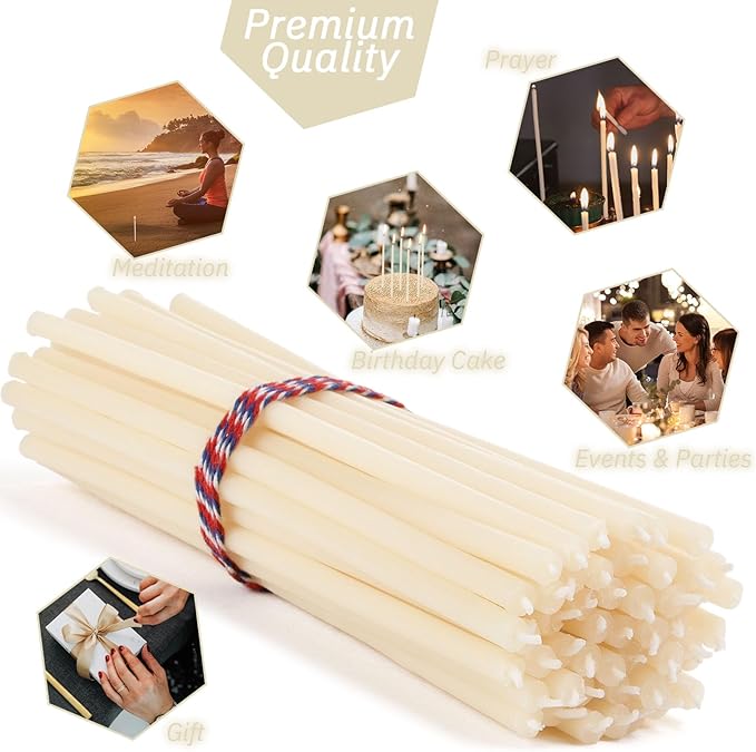 Pure Beeswax Candles, 7.3" Decorative Thin Taper Candles,Honey Scented, Dripless, Smokeless, 40min Burn Time for Birthday, Dinner, Prayer, Church, Hanukkah, Christmas (White, 50 pcs)
