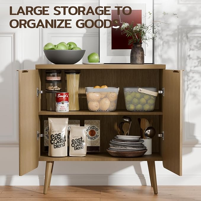Sideboard Buffet Cabinet with Storage, Modern Fluted Accent Credenza with 2 Doors, Buffet Media Console Entryway Cabinets with Adjustable Shelves for Living Dining Room Hallway, Natual Oak