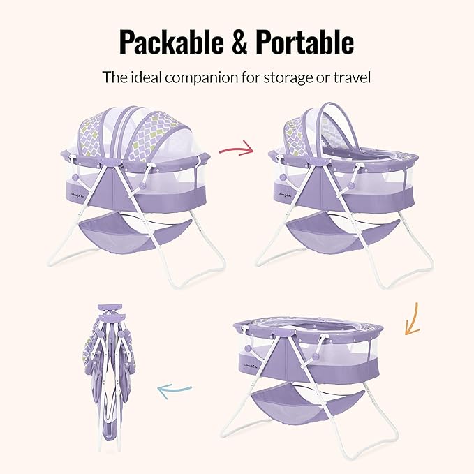 Dream On Me Karley Bassinet, Award Winner Lightweight Travel Baby Bassinet, Foldable Bedside Sleeper, Adjustable Double Canopy, Spacious Design, Soft Fabric, Storage Basket – Periwinkle