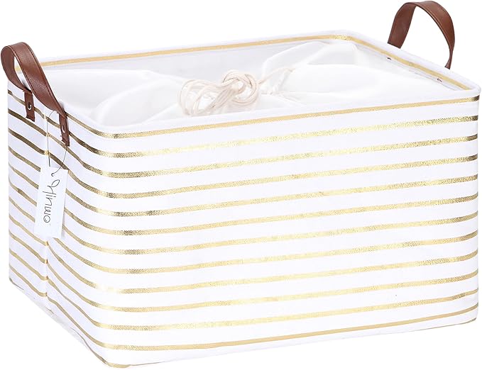 Hinwo 31L Large Storage Bins, Closet Organizers and Storage, Shelf Baskets, Foldable Clothes Storage Baskets with Handles, Containers for Clothing, Blanket, Towels, Toys, Bedding (Gold Stripe)