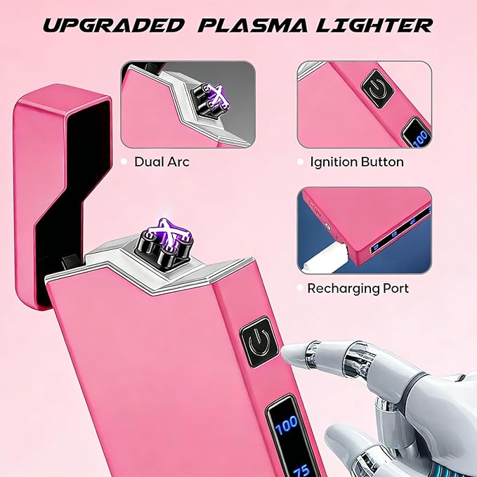 Electric Pink Lighter Dual Arc Plasma Lighter, Windproof Flameless Cool Electronic Lighters, Rechargeable USB with LED Battery Indication, Pocket Metal Lighters for Candles, Camping Unisex