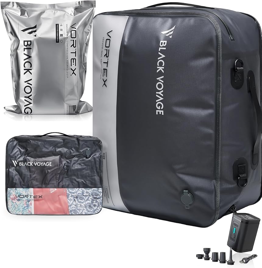 Black Voyage Reusable Vacuum Compression Travel Bag for Carry-On Suitcase and Backpack, Recycled IP67 Waterproof Space Saver Vacpack (1-Pack, 41L - Pump Included)