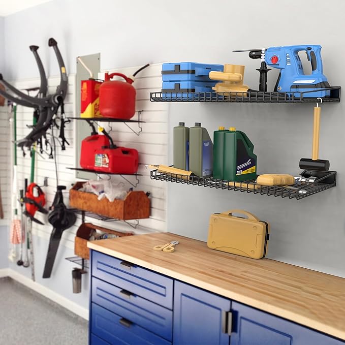 WALMANN Garage Wall Shelf, 4 Mixed-Size Wall-Mounted Storage Shelves for Garage, Closet, Laundry Room, Heavy Duty Wall Shelving, Holds Up to 65 lbs(Black, 4 Shelves)